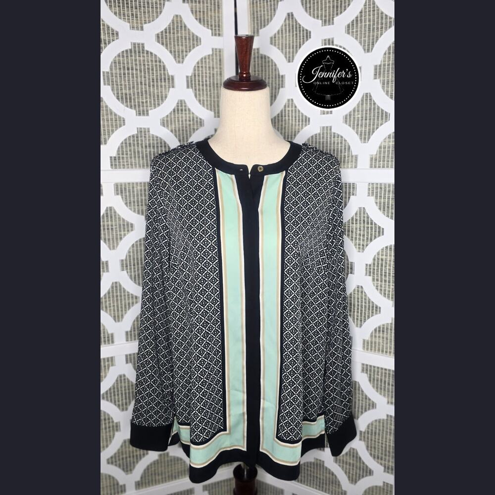 3/$30 Dana Buchman Multicolored Silk Like Roll Tab Sleeve Tunic/Blouse Size 8